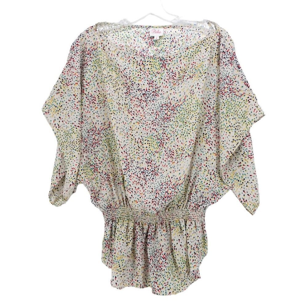 Parker 100% Silk Kimono Sleeve Batwing Smocked Waist Blouse Top MEDIUM
